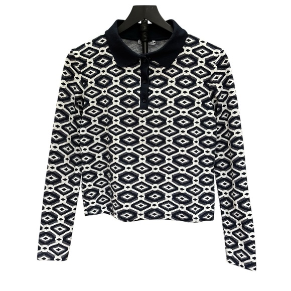 Zara Geometric Deep Navy Blue and White Women's Women’s Size L Long Sleeve Top - Picture 2 of 9